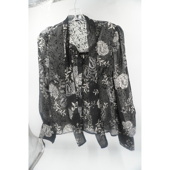 Walter Baker Black & White Floral Botanical Print Blouse Ruffle Tie Neck Size S - Picture 2 of 8